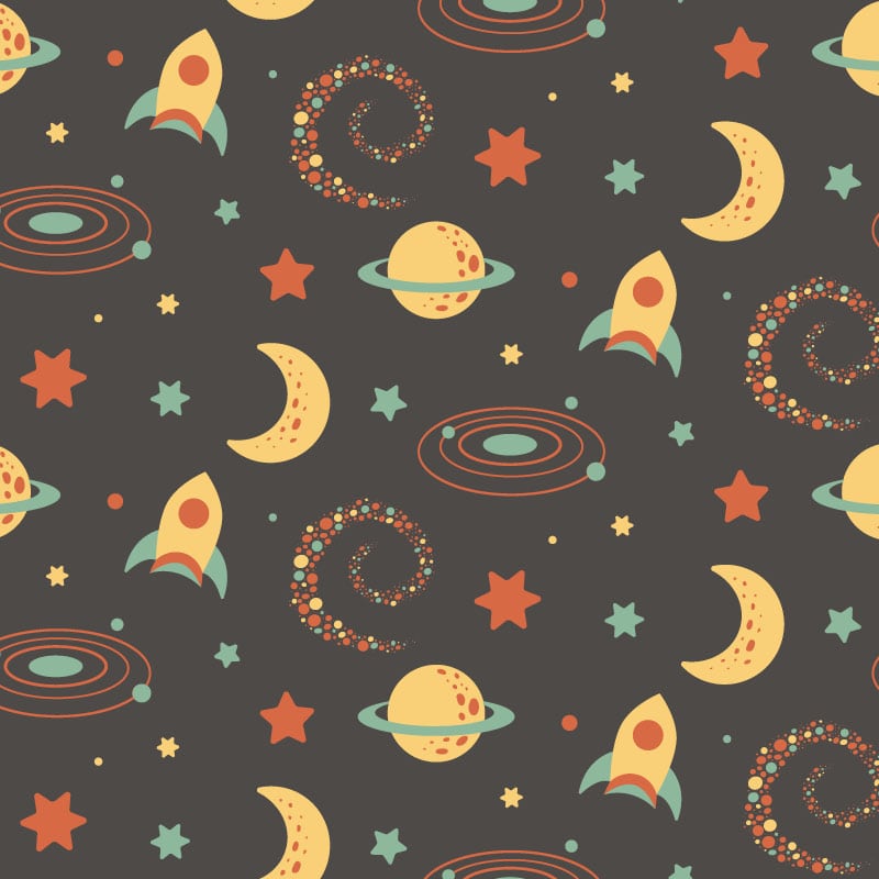 Rocket, stars and moon wallpaper for children in black, yellow and red