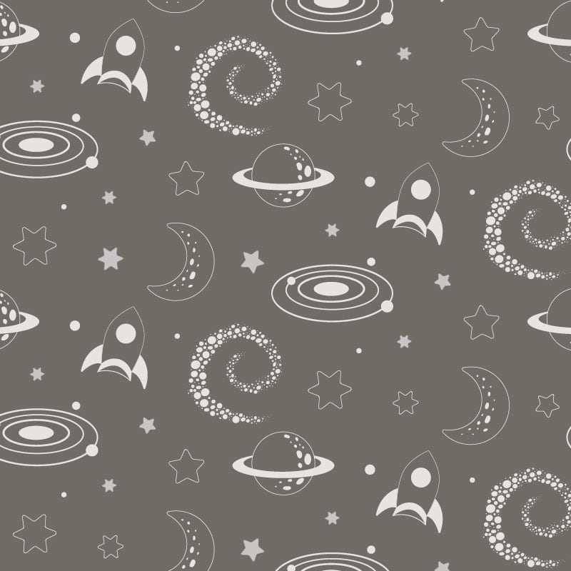 Grey rocket-themed wallpaper for a child's bedroom