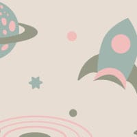 Pastel coloured space-themed wallpaper in a kid's room