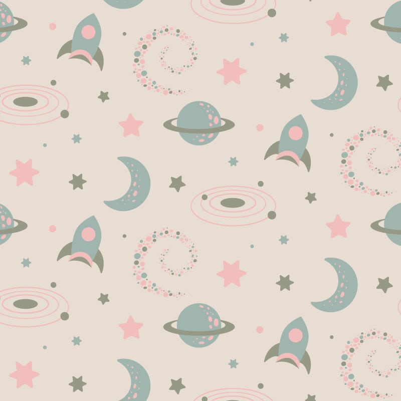 Pastel coloured space-themed wallpaper in a kid's room