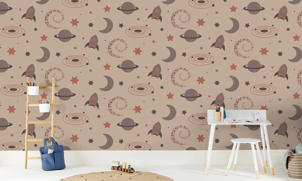 Kid's space themed wallpaper in red colour tones
