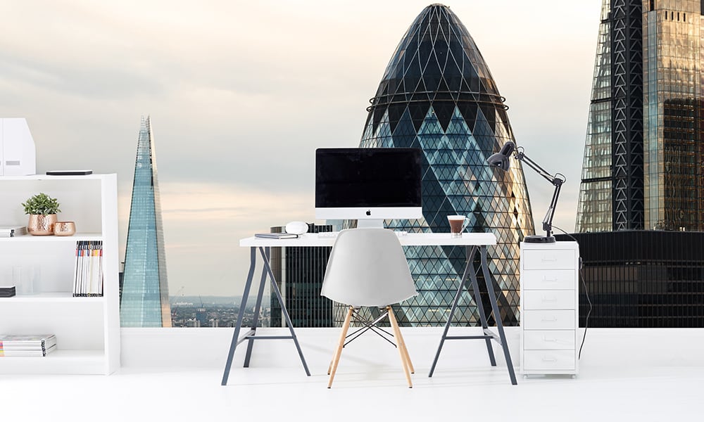 Office with a london wallpaper featuring the shard and gherkin