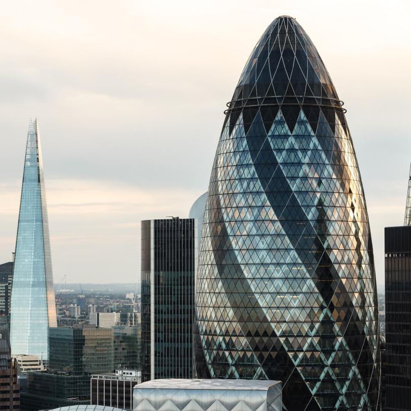 London themed wallpaper with the gherkin and shard in an office setting