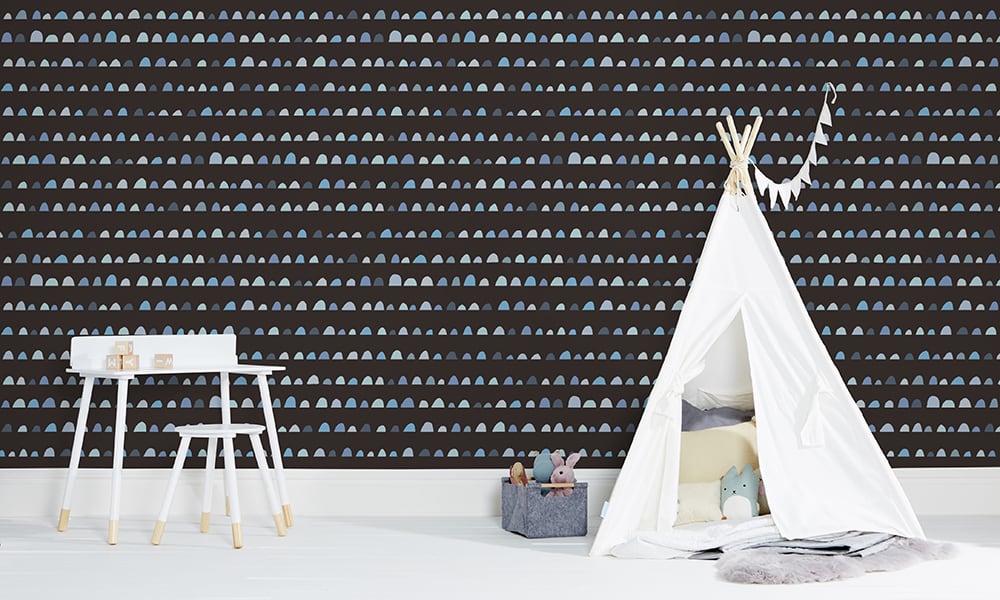 Teepee tent kid's bedroom with hump wallpaper in blue and black colours