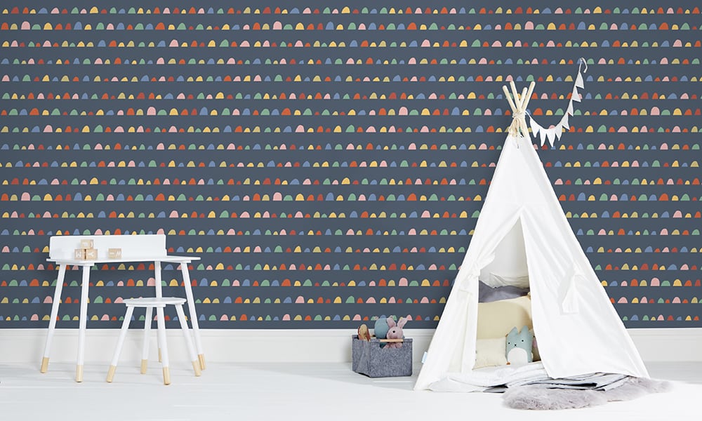 Children's colourful wallpaper with teepee tent