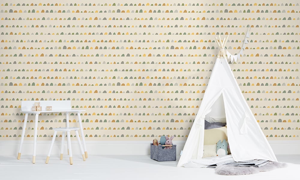 Children's green wallpaper with humps design in bedroom with teepee tent