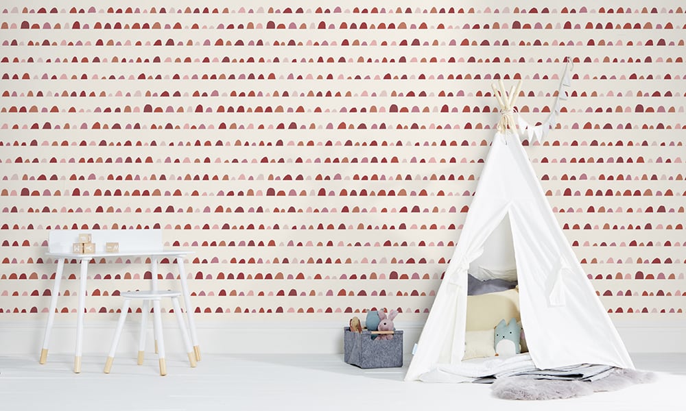 Bright patterned wallpaper for a child's bedroom in pink and red pattern 