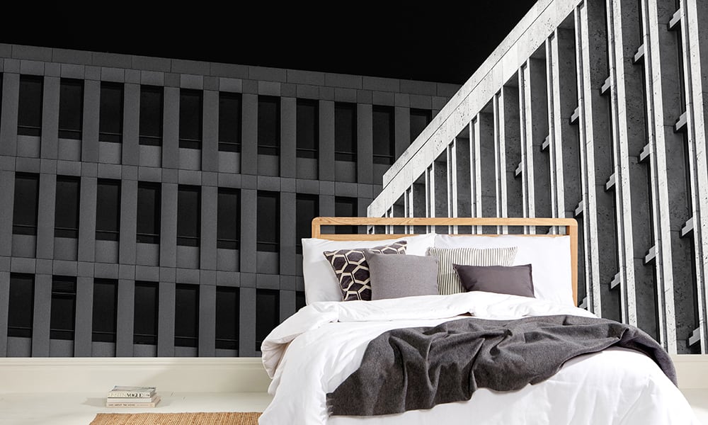 Architectural wall mural featuring concrete buildings in a minimalist style bedroom