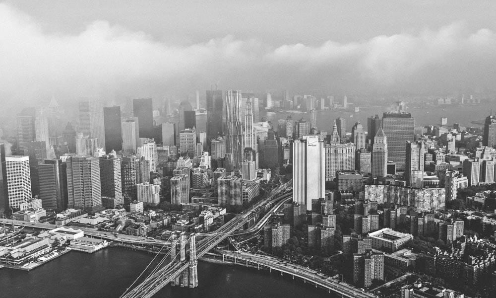 Monochrome photographic aerial view of manhattan island in new york city