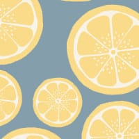 Lemon wallpaper with blue background in office with iMac and desk