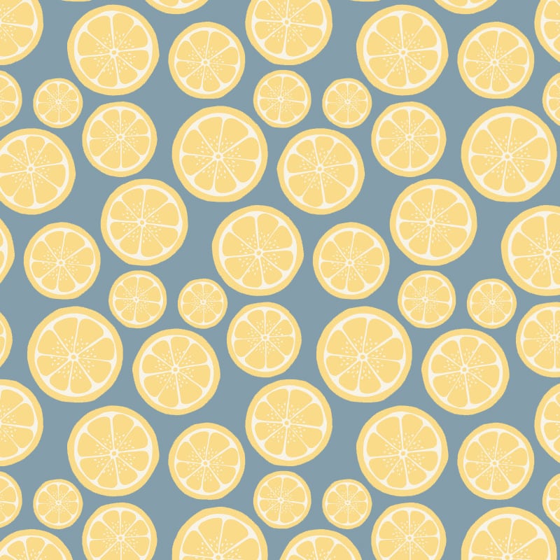 Lemon wallpaper with blue background in office with iMac and desk