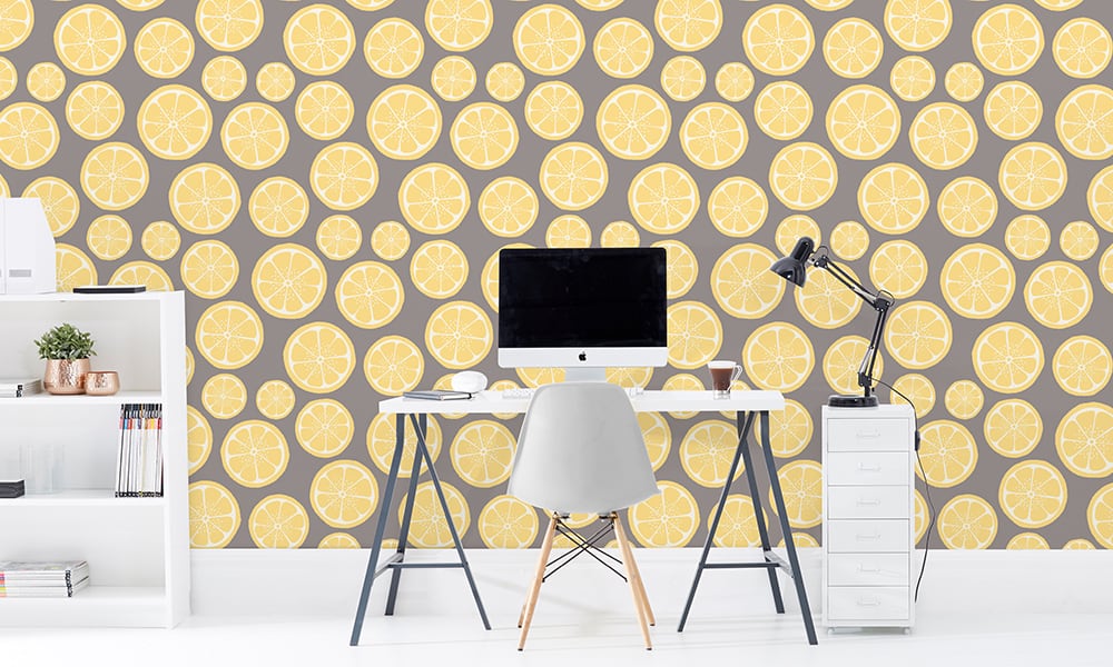 Medium scale lemon wallpaper with grey smoke background in office setting