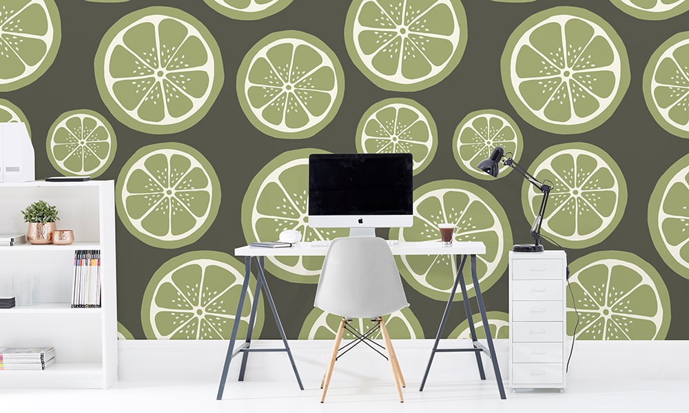 Large scale lime wallpaper with grey background in office setting