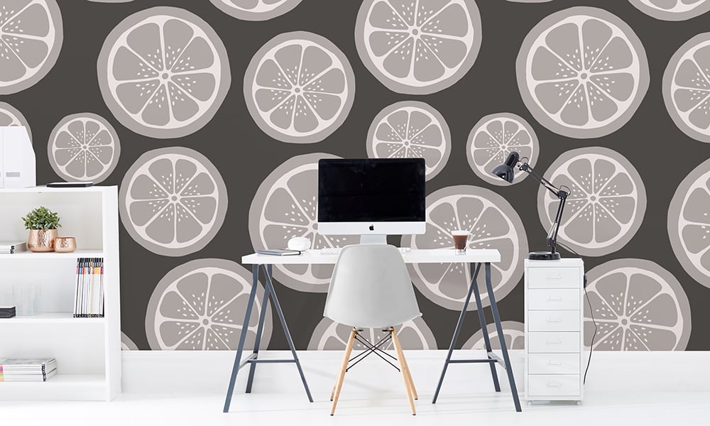 Large scale lime wallpaper with black and white background in office setting