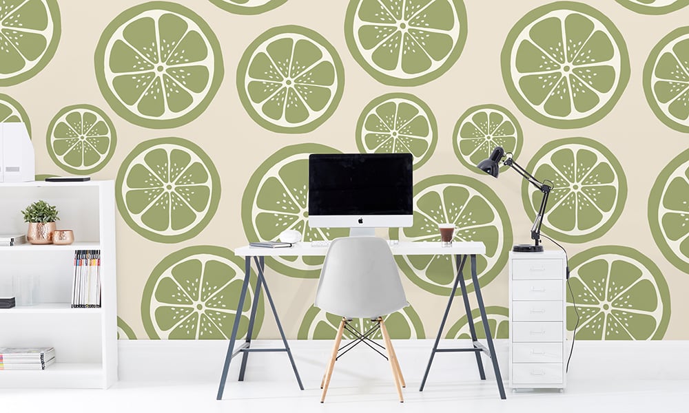 Large scale green lime wallpaper with neutral background in office setting