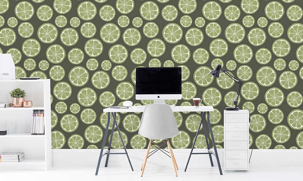 Medium scale lime wallpaper with grey background in office setting