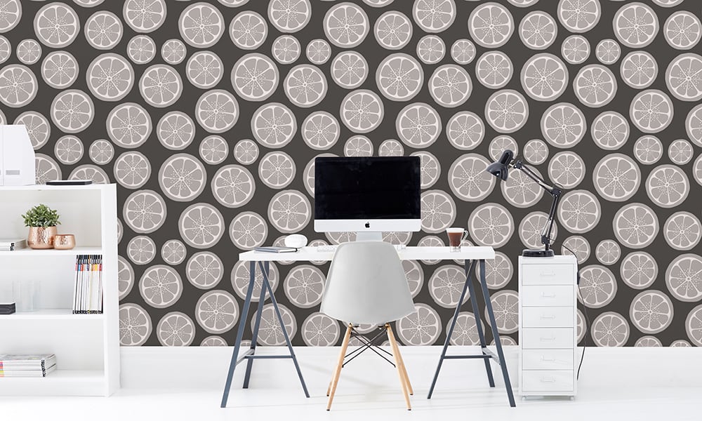 Medium scale lime wallpaper in black and white in office setting