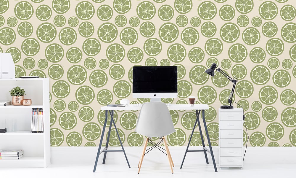 Medium scale lime wallpaper with neutral background in office setting
