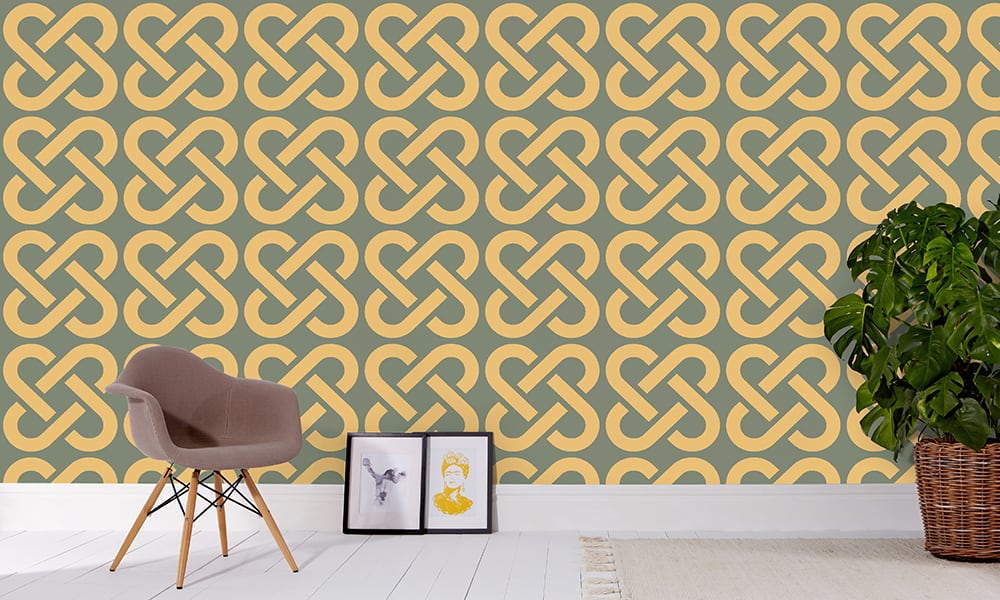 Large scale mustard linked wallpaper pattern with chair and frame