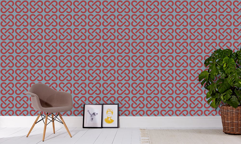 Medium scale royal linked wallpaper pattern with grey chair and frame