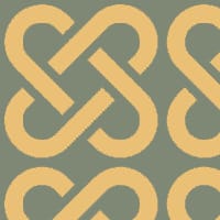 Mustard linked patterned wallpaper on green background with chair and picture frame