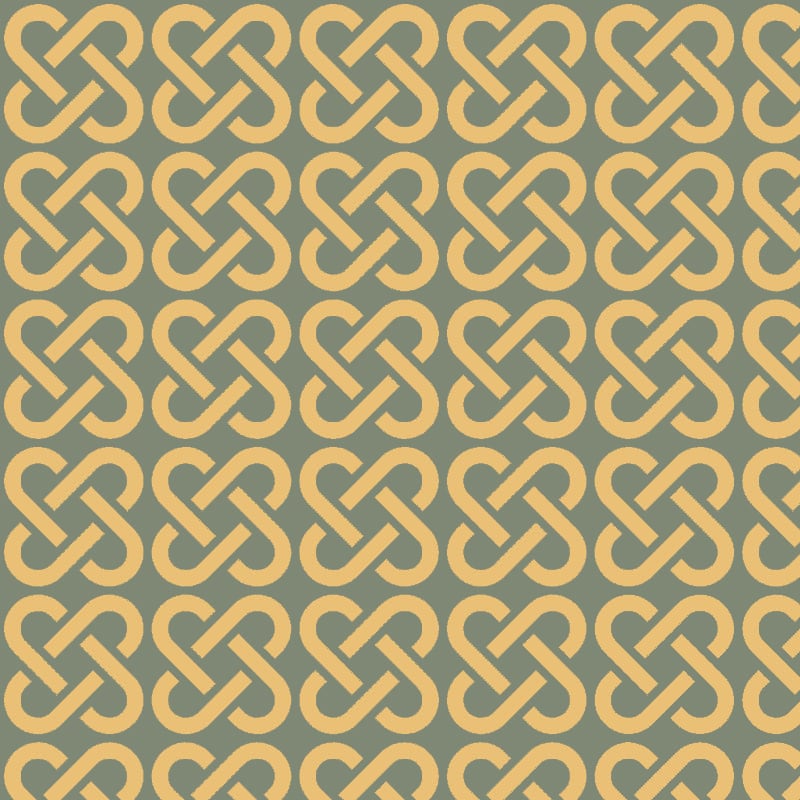 Mustard linked patterned wallpaper on green background with chair and picture frame