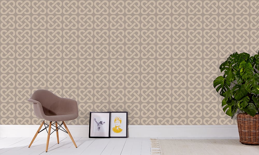 Medium scale linked wallpaper in mushroom with grey chair and frame