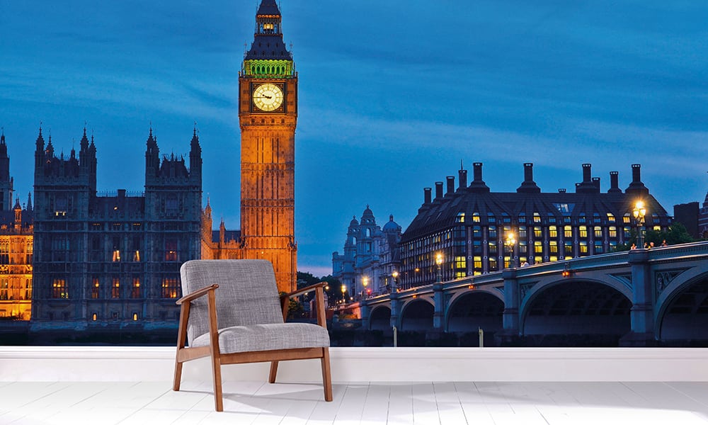 London nightscape wall mural in a living room with big ben and westminster bridge 