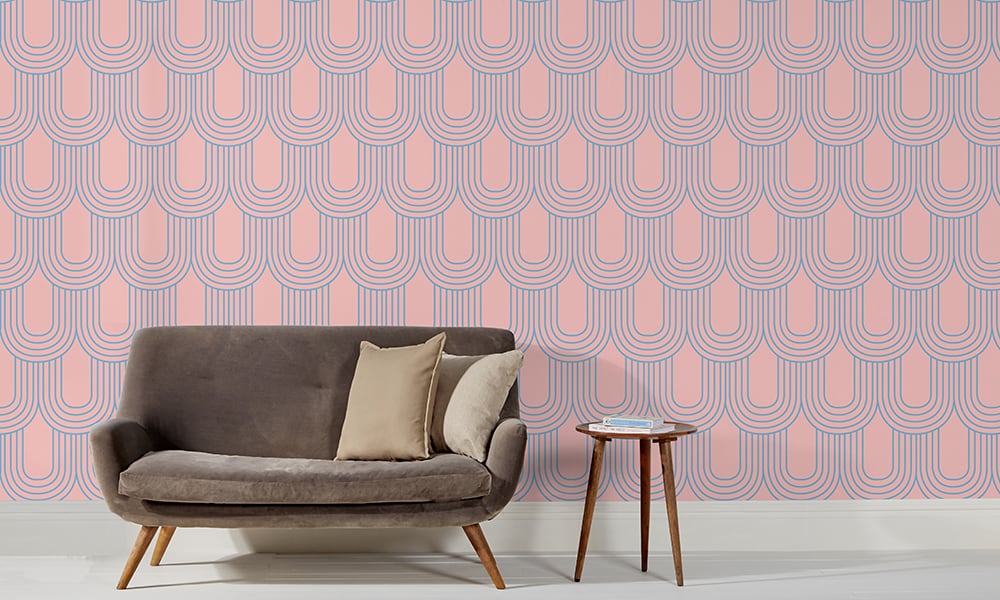 Retro arch-shaped wallpaper pattern in pink and blue colours
