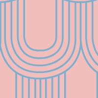 Pink and blue retro arch-shaped wallpaper pattern in living room