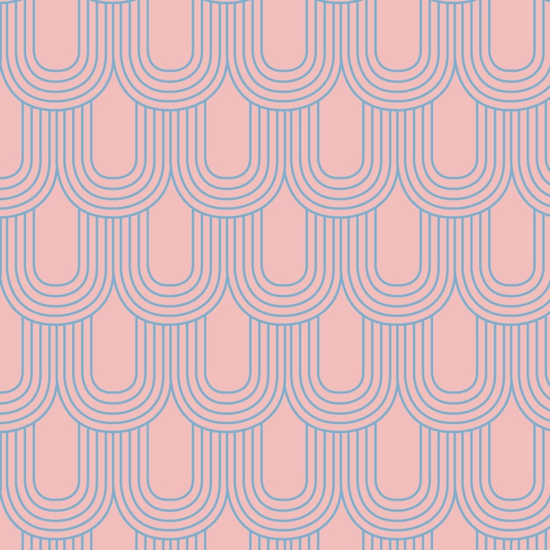 Pink and blue retro arch-shaped wallpaper pattern in living room