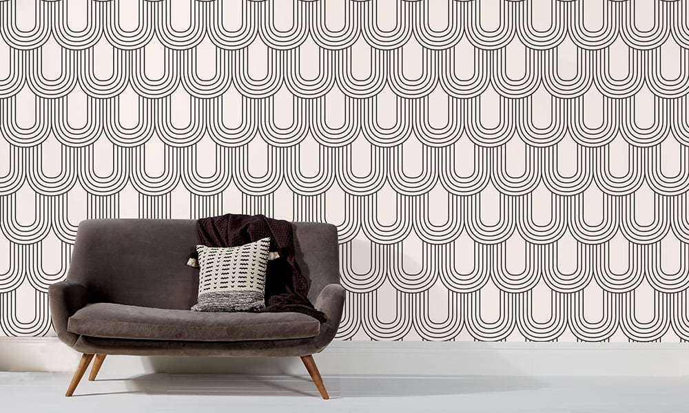 Black and white arch wallpaper in a mid-century modern style living room 
