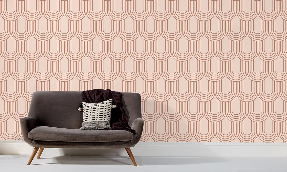 Terracotta loop wallpaper pattern in a mid-century modern lounge