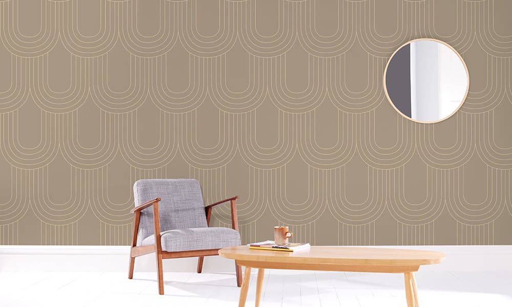Mushroom wallpaper pattern in a large scale in living room with grey chair