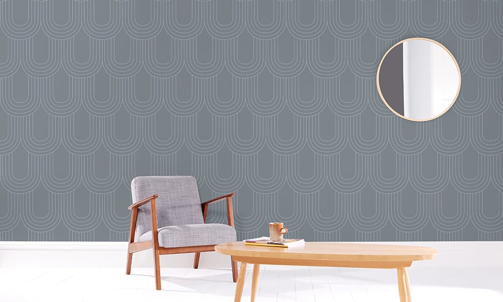 Steel blue wallpaper pattern in a medium size in living room setting