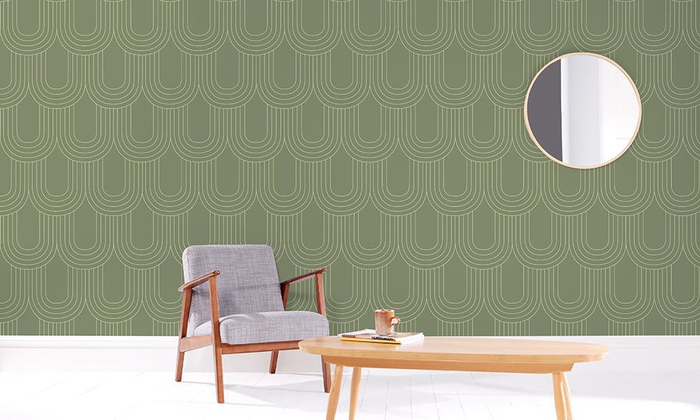 Olive green wallpaper pattern in a medium size in living room setting