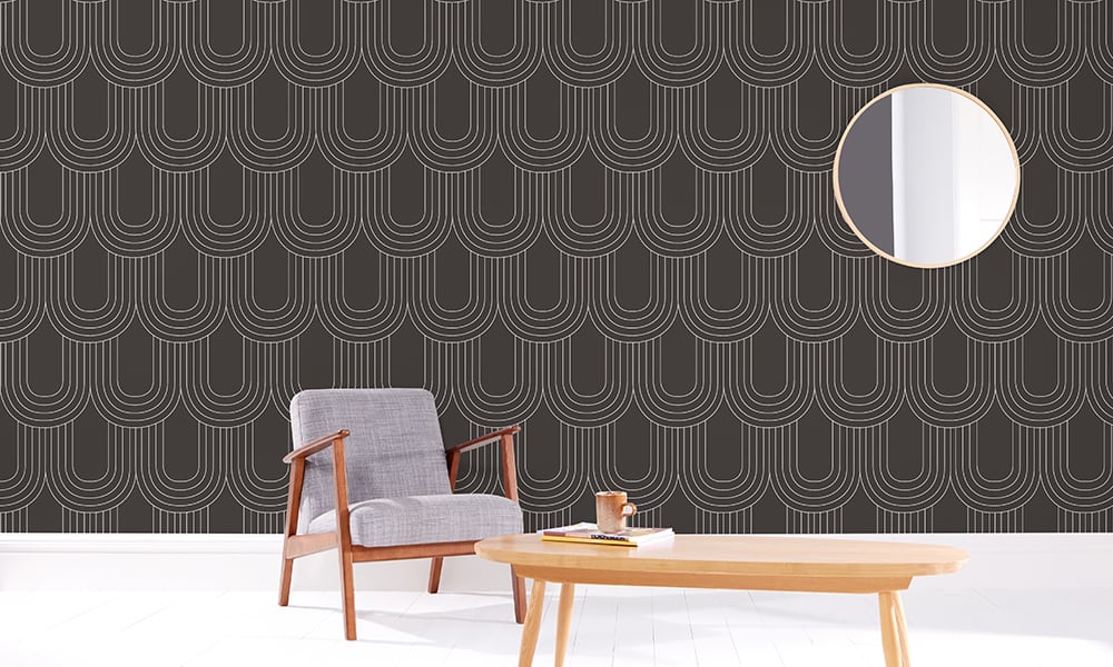 Ink grey wallpaper pattern in a medium size in living room setting