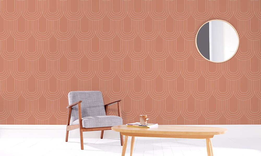 Terracotta coloured wallpaper pattern in a medium size in living room setting