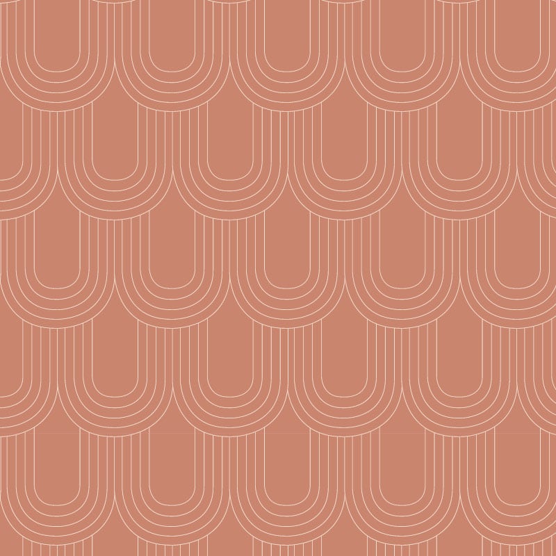 Looped wallpaper in a terracotta colour with a grey chair and coffee table
