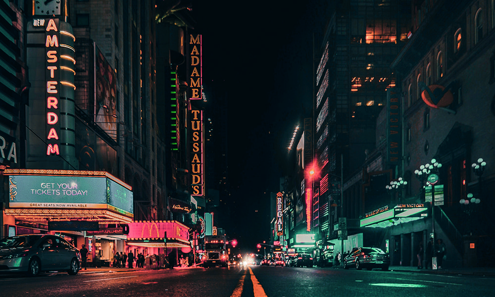 Nightscape of New York's 42nd Street in the Times Square area
