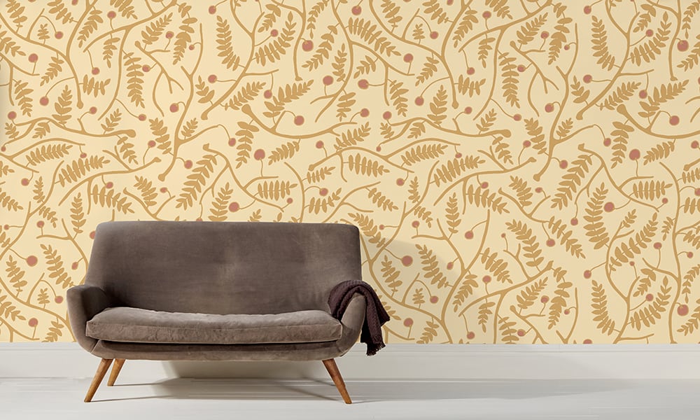 Yellow wallpaper in a large scale situated in living room with grey sofa 