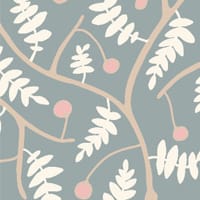 Duck-egg blue wallpaper in living room setting with grey sofa and side table