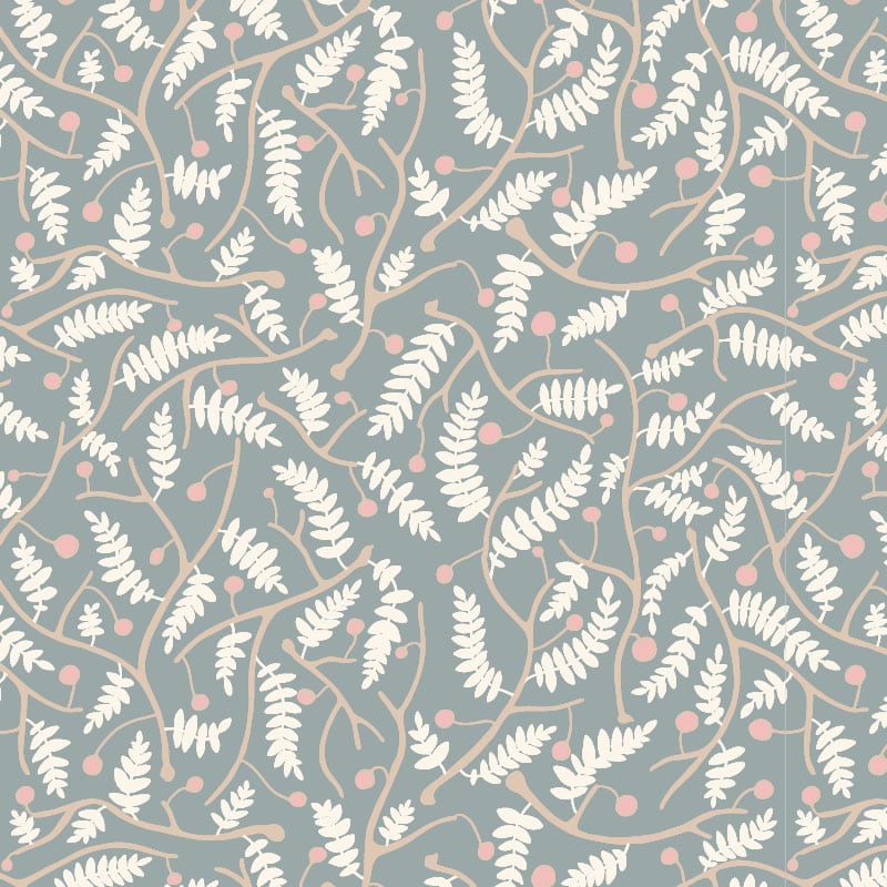 Duck-egg blue wallpaper in living room setting with grey sofa and side table