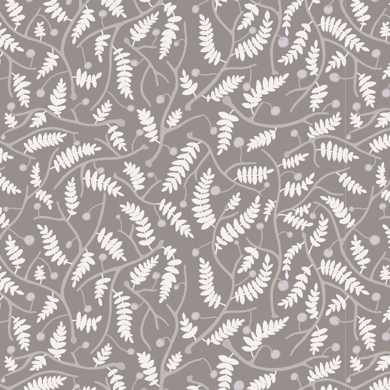 Grey leafy wallpaper in living room setting with grey sofa and side table