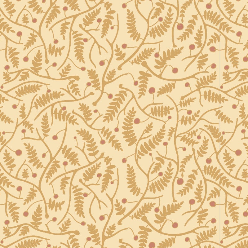 Yellow leafy wallpaper in living room setting with grey sofa and side table