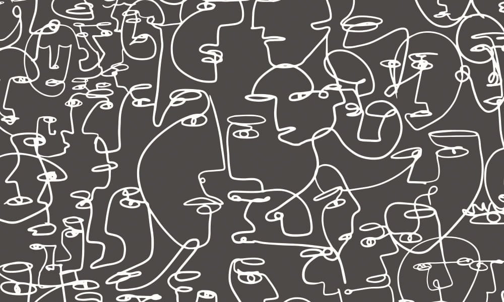 Black and white single line drawing of poeple's faces