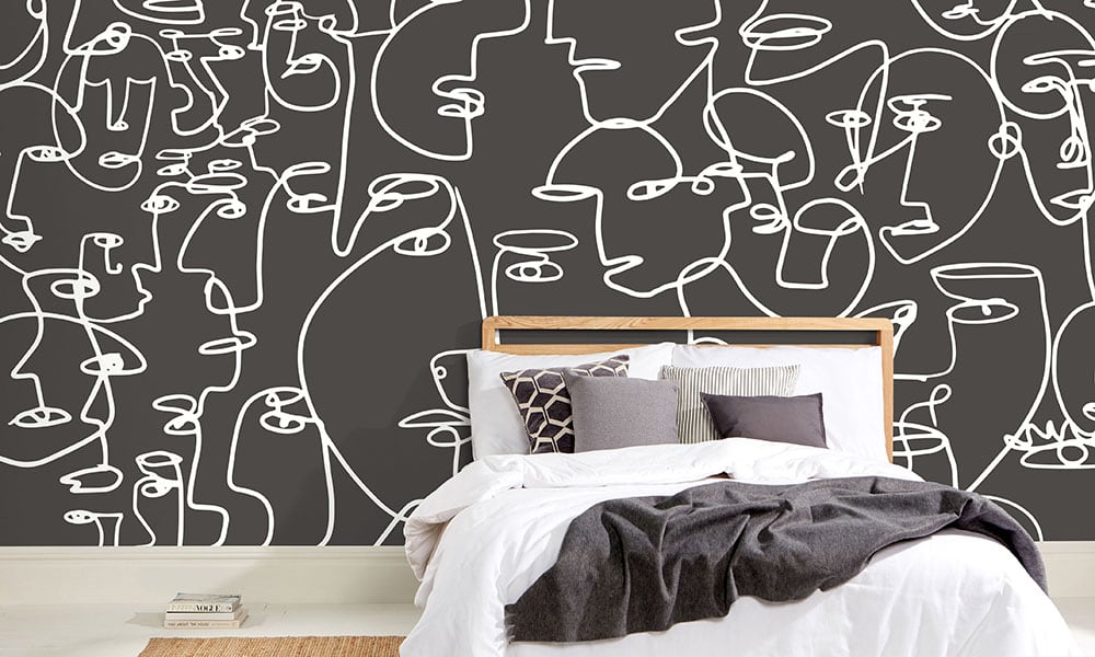 Black and white wall mural featured in modern bedroom