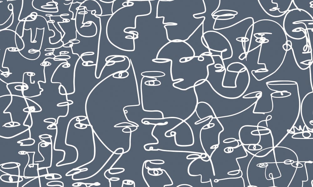 Blue and white single line drawing of people's faces