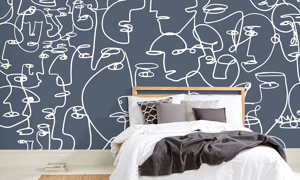 Blue wall mural featured in modern bedroom