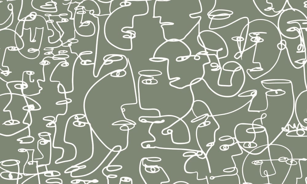 Green wallpaper with white single line drawing of people's faces